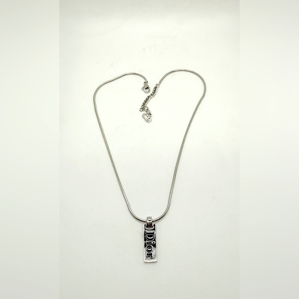 Christian Dior Authentic Black Enamel Logo Bar Pendant Silver Necklace Signed